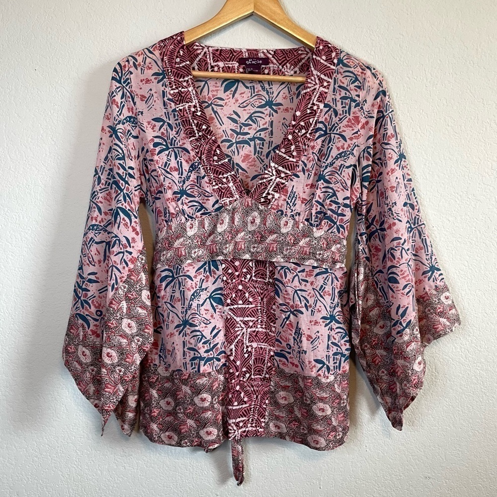Gracie Cottagecore Silk Cotton Blend Bell Sleeve V Neck Pink Purple Floral Shirt